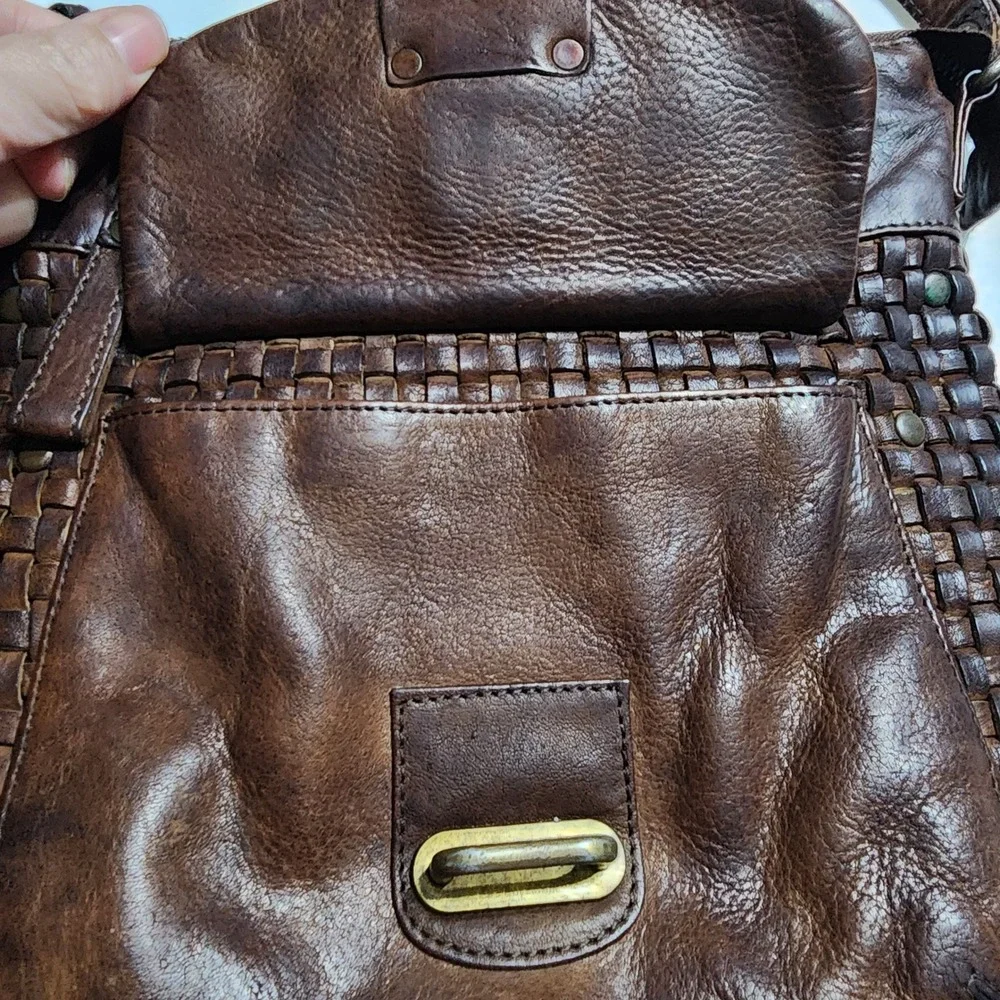 VTG Brown Woven Leather Crossbody‎ Bag Studded Boho Messenger Made in India READ